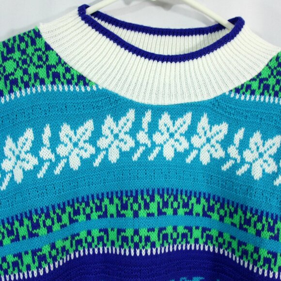 Vintage Arielle Fair Isle Stripe Graphic Winter Ski Sweater Blue 1980s L Unisex - Picture 2 of 5